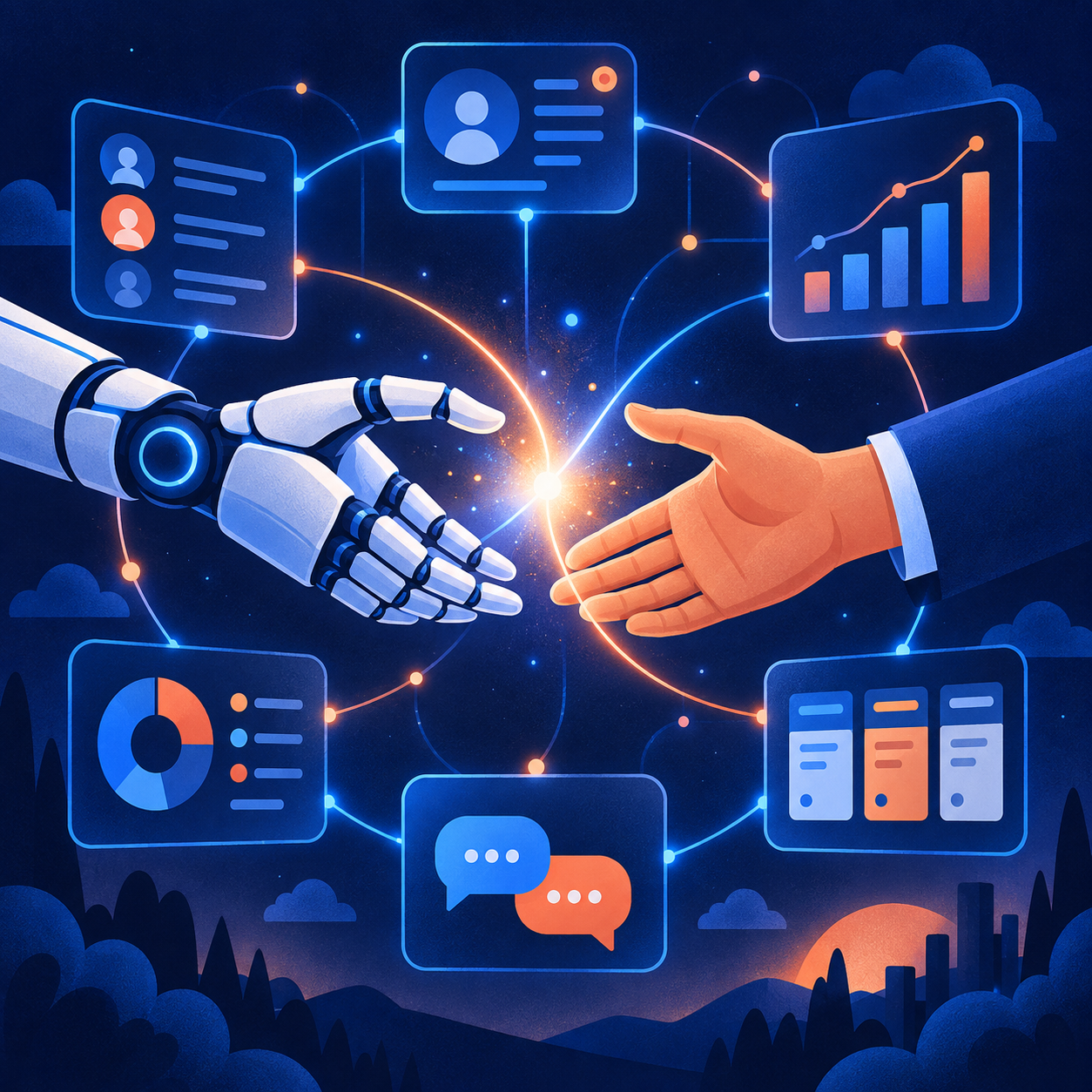 Human and AI agent handshake — artwork